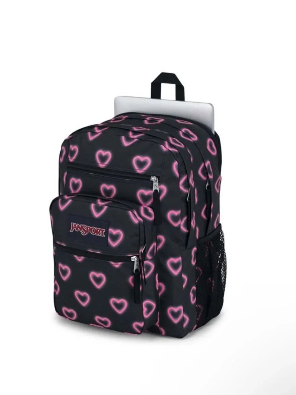 JanSport XL Big Student Happy Hearts Backpack Black Pink Hearts  15